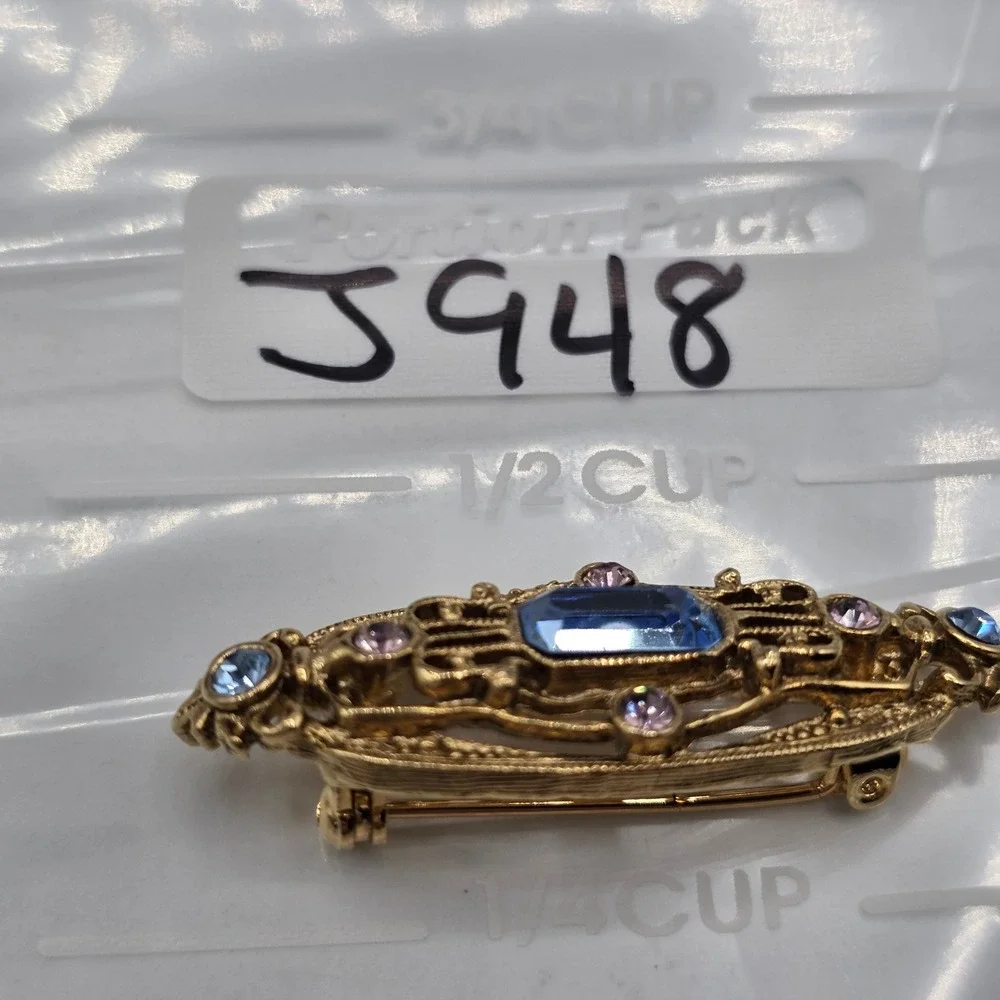 Vintage Gold Tone Filigree Bar Brooch Blue Emerald Cut Crystal Pink Rhinestone